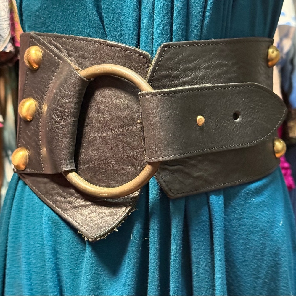 Brave Beltworks oversized black leather belt with elastic back w gold hardware